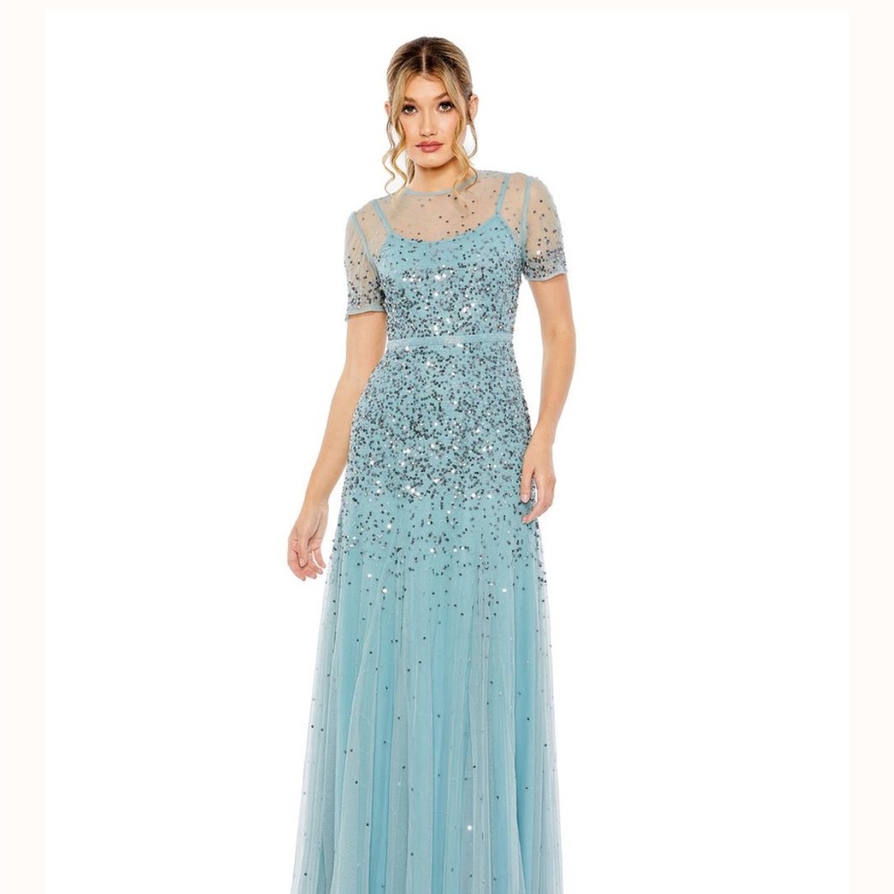Mac Duggal blue high neck, short sleeve sequin embellished gown size 14